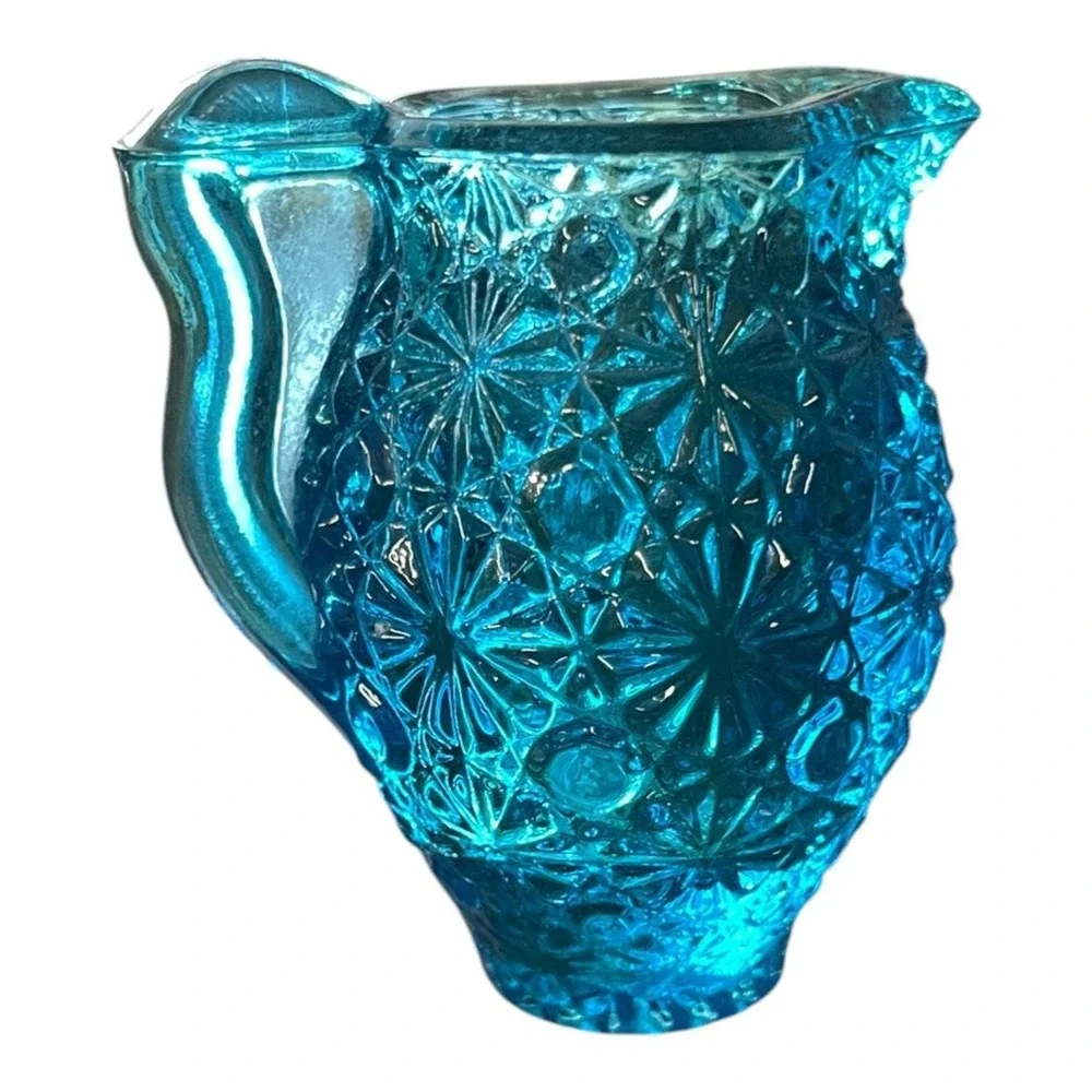 Vintage Teal Blue Pressed Glass Creamer Pitcher Vase Starburst Pattern 3